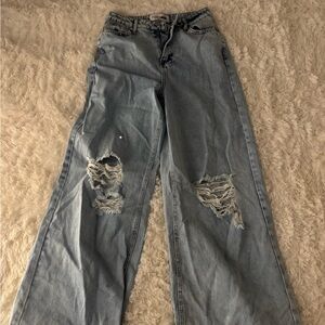 Fashion Nova Light Blue Distressed Wide Leg Jeans
